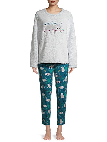 Secret Treasures Women's Sleeping Sloth Plush Sherpa Long Sleeve Pajama Set, (Size Small, Blue)