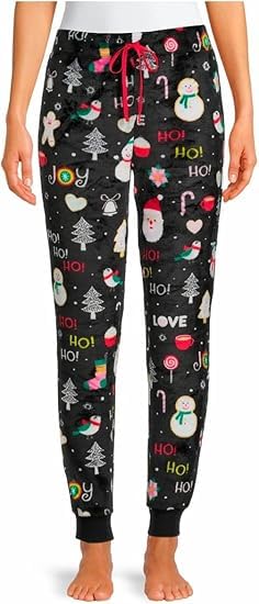 Secret Treasures Ho Ho Joy (Black Shoot) Women's Cuffed, Soft, Plush Sleep Pants (X-Large)